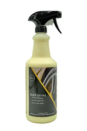 DEEPSHINE tire shine spray applied to car tire for deep gloss and UV protection